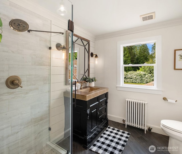 12653 Avondale Rd NE, Redmond, WA 98052 - bathroom featuring radiator heating unit, a shower stall, vanity, baseboards, and toilet