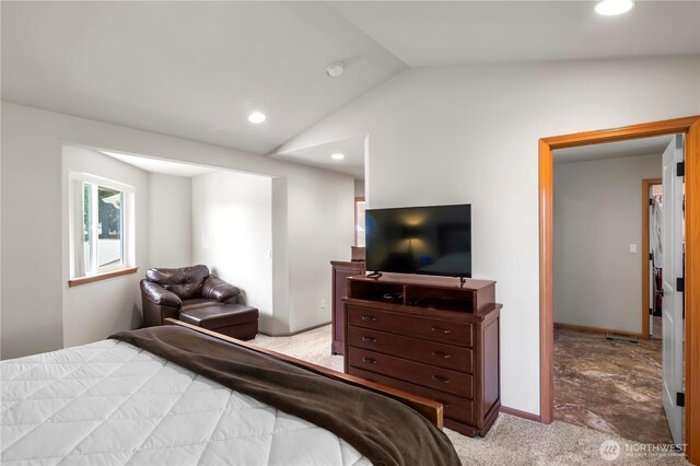 2903 96th St SE, Everett, WA 98208 - carpeted bedroom featuring vaulted ceiling, recessed lighting, and baseboards