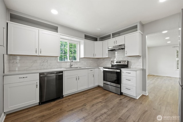 1221 Tillamook St, Walla Walla, WA 99362 - kitchen with appliances with stainless steel finishes, a sink, under cabinet range hood, light countertops, and white cabinets