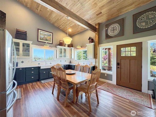 1068 Happy Valley Rd, Sequim, WA 98382 - dining room featuring wooden ceiling with exposed beams, wood-type flooring, and high vaulted ceiling