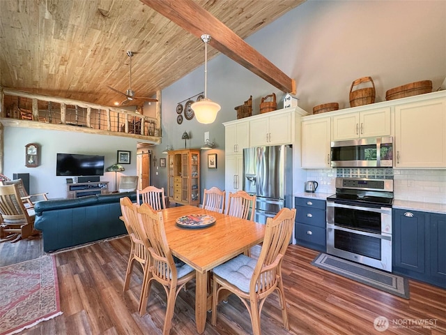 1068 Happy Valley Rd, Sequim, WA 98382 - dining room featuring wood ceiling with exposed beams, high vaulted ceiling, and dark wood-style flooring