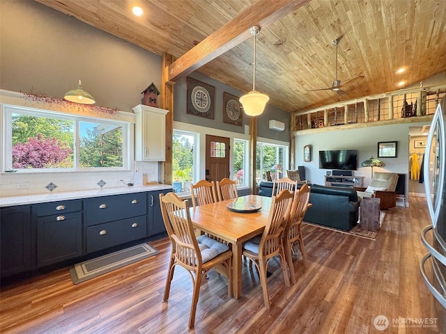 1068 Happy Valley Rd, Sequim, WA 98382 - dining room with wooden ceiling, high vaulted ceiling, wood finished floors, a ceiling fan, and plenty of natural light