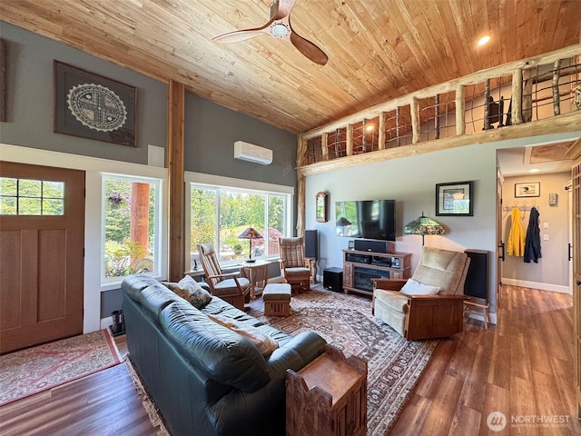 1068 Happy Valley Rd, Sequim, WA 98382 - living room with high vaulted ceiling, wooden ceiling, a ceiling fan, an AC wall unit, and wood finished floors