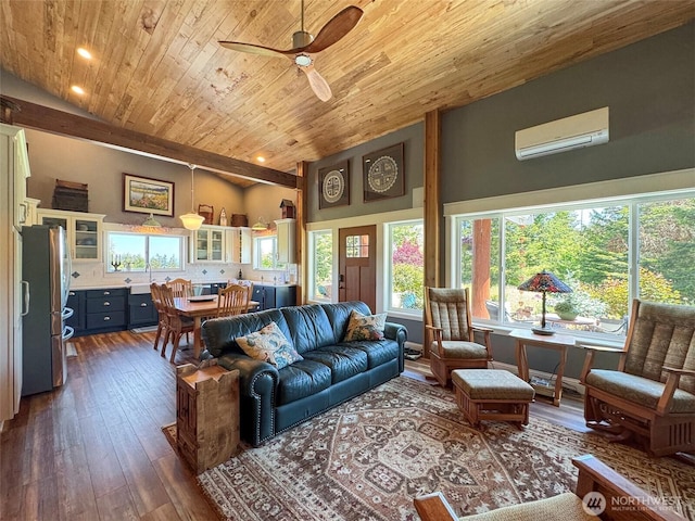 1068 Happy Valley Rd, Sequim, WA 98382 - living room featuring wood ceiling, a wall mounted AC, ceiling fan, dark wood-style floors, and recessed lighting