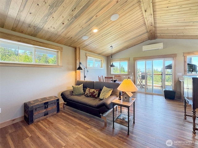 1068 Happy Valley Rd, Sequim, WA 98382 - living room with an AC wall unit, wood ceiling, wood finished floors, and recessed lighting