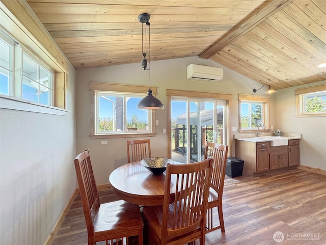 1068 Happy Valley Rd, Sequim, WA 98382 - dining room featuring a wall mounted AC, light wood-style flooring, wooden ceiling, and baseboards