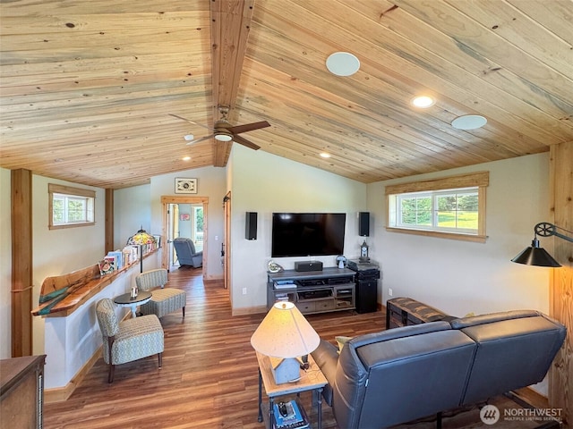 1068 Happy Valley Rd, Sequim, WA 98382 - living area with plenty of natural light, baseboards, recessed lighting, wood finished floors, and wood ceiling