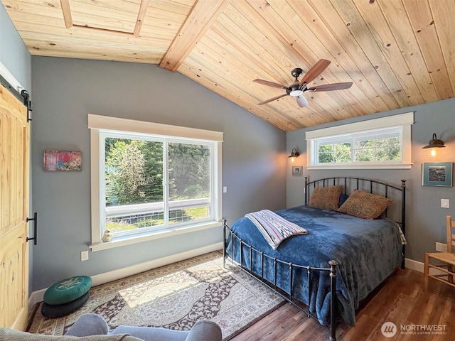1068 Happy Valley Rd, Sequim, WA 98382 - bedroom featuring wooden ceiling, wood finished floors, baseboards, and a ceiling fan