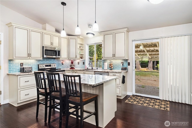 7606 Illahee Rd NE, Bremerton, WA 98311 - kitchen featuring stainless steel appliances, dark wood-type flooring, a sink, open shelves, and lofted ceiling