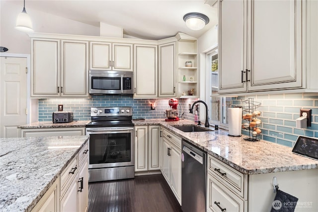 7606 Illahee Rd NE, Bremerton, WA 98311 - kitchen featuring appliances with stainless steel finishes, a sink, open shelves, dark wood-style floors, and backsplash