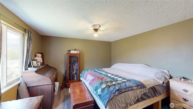 6 Elgin Way, Oroville, WA 98844 - bedroom featuring wood finished floors, multiple windows, a textured ceiling, and a ceiling fan