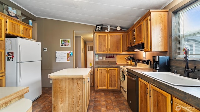 311 W Clay, Dayton, WA 99328 - kitchen with freestanding refrigerator, a sink, crown molding, stainless steel dishwasher, and a center island