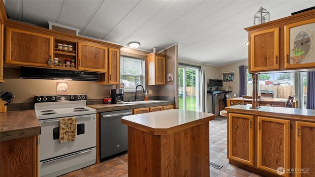 311 W Clay, Dayton, WA 99328 - kitchen featuring white range with electric stovetop, exhaust hood, stainless steel dishwasher, a sink, and brown cabinetry