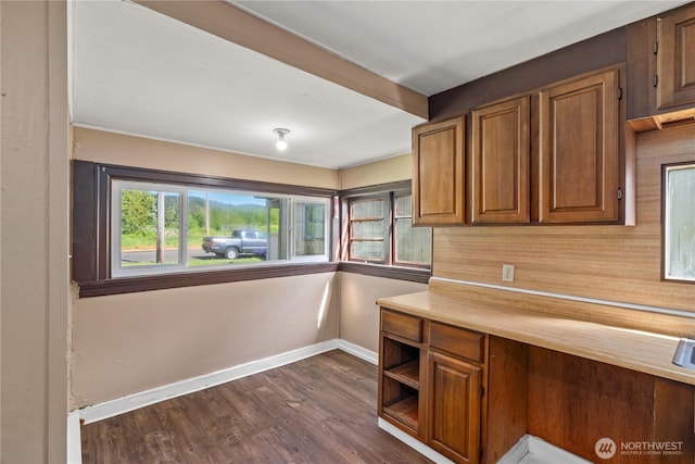 1109 River St, Hoquiam, WA 98550 - kitchen featuring baseboards, dark wood finished floors, brown cabinets, and light countertops