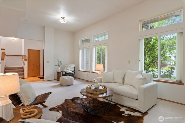 2433 18th St SE, Puyallup, WA 98374 - living area featuring a high ceiling, light carpet, healthy amount of natural light, and baseboards