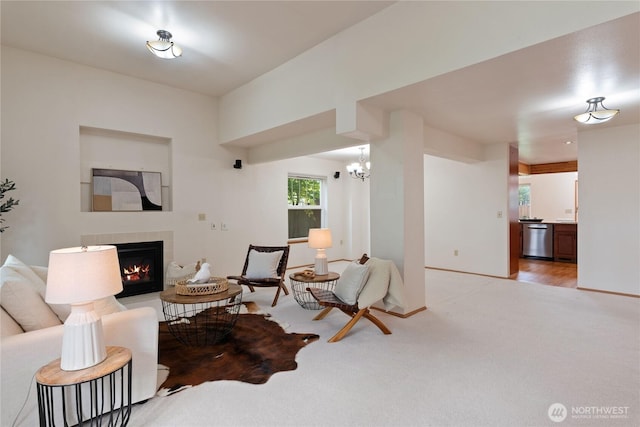 2433 18th St SE, Puyallup, WA 98374 - living area with a tile fireplace, light carpet, and a chandelier