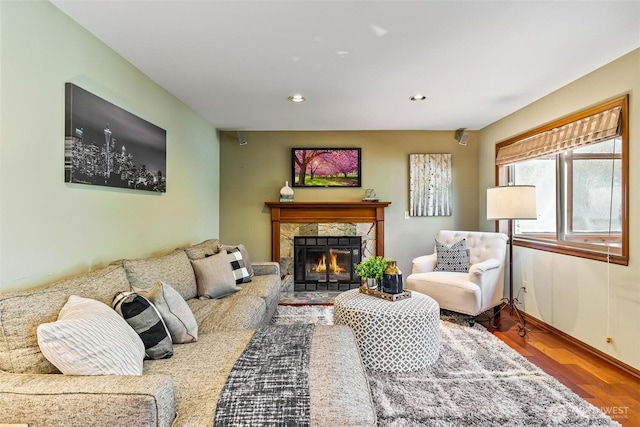 16515 126th Ave NE, Woodinville, WA 98072 - living room with a premium fireplace, wood finished floors, recessed lighting, and baseboards