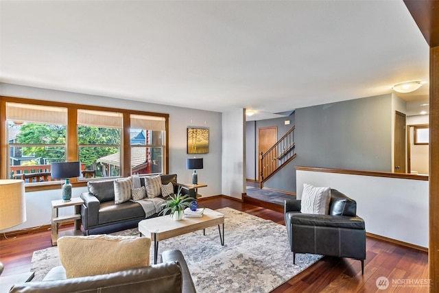 16515 126th Ave NE, Woodinville, WA 98072 - living room featuring stairs, wood finished floors, and baseboards