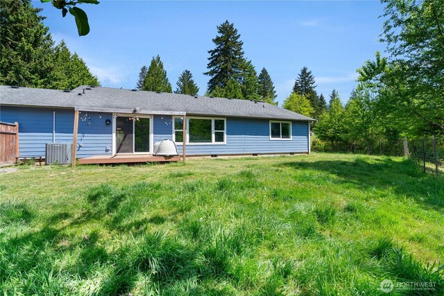 138 Stamper Rd, Elma, WA 98541 - back of property featuring a wooden deck, crawl space, and central AC unit