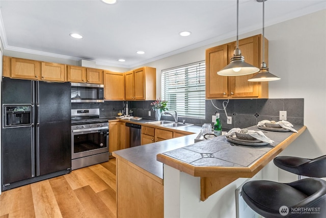 10309 Midvale Ave N Unit B, Seattle, WA 98133 - kitchen featuring appliances with stainless steel finishes, a sink, a peninsula, ornamental molding, and light wood-type flooring