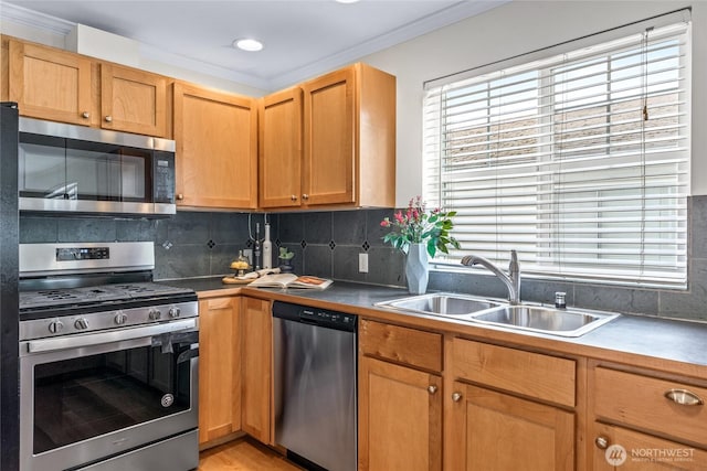 10309 Midvale Ave N Unit B, Seattle, WA 98133 - kitchen featuring stainless steel appliances, a sink, decorative backsplash, and ornamental molding