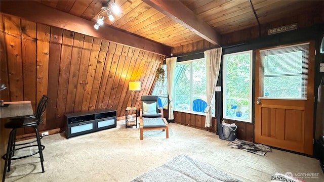 148 Seagate St SW, Ocean Shores, WA 98569 - living area featuring wood walls, carpet flooring, healthy amount of natural light, and wooden ceiling with exposed beams