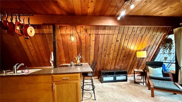 148 Seagate St SW, Ocean Shores, WA 98569 - living area with light colored carpet, wooden walls, plenty of natural light, wood ceiling, and bar with sink