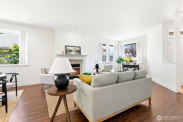 7417 53rd Street Ct W, University Place, WA 98467 - living area with a fireplace, ornamental molding, dark wood-style floors, baseboards, and recessed lighting