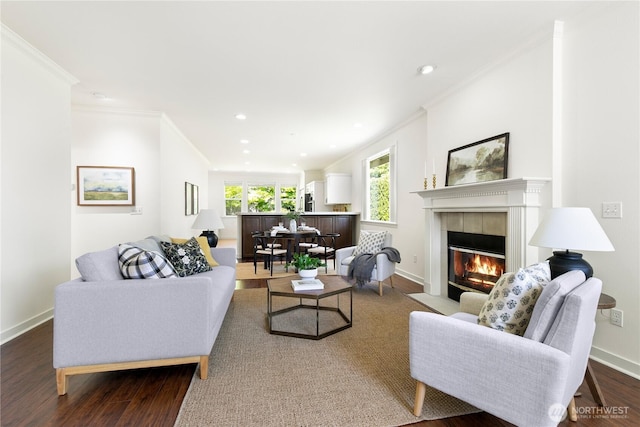 7417 53rd Street Ct W, University Place, WA 98467 - living room with crown molding, wood finished floors, a fireplace, baseboards, and recessed lighting