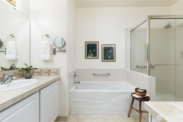 7417 53rd Street Ct W, University Place, WA 98467 - full bathroom featuring vanity, a stall shower, a garden tub, and tile patterned flooring