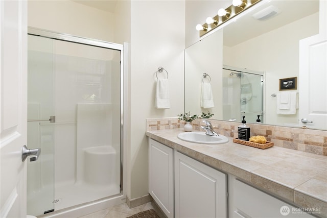 7417 53rd Street Ct W, University Place, WA 98467 - bathroom featuring a stall shower, vanity, and tile patterned flooring