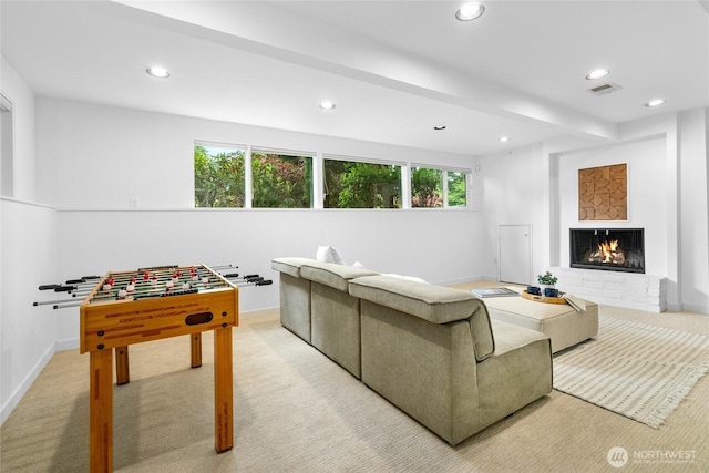 5 Wembley Ln, Mercer Island, WA 98040 - living room featuring recessed lighting, a glass covered fireplace, light carpet, and baseboards