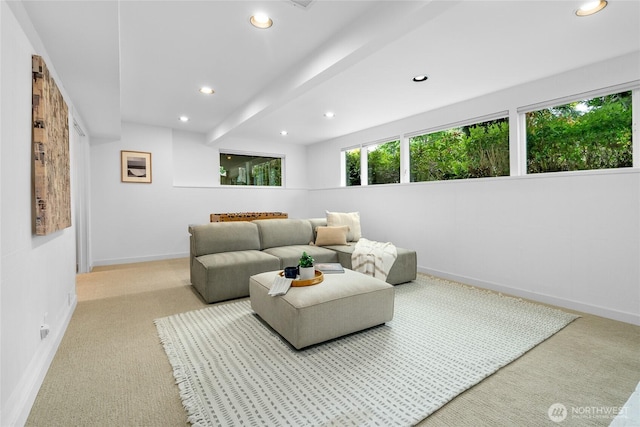 5 Wembley Ln, Mercer Island, WA 98040 - living room with recessed lighting, baseboards, carpet flooring, and beamed ceiling