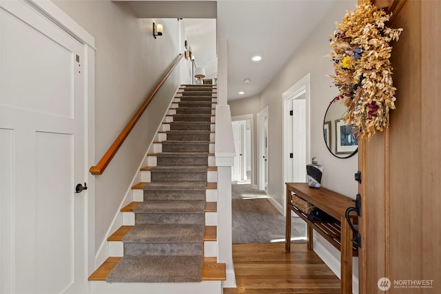 656 Daley St Unit 102, Edmonds, WA 98020 - staircase with wood finished floors, recessed lighting, and baseboards