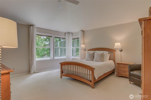 18915 SE 284th Ct, Kent, WA 98042 - bedroom with light carpet, a ceiling fan, and baseboards