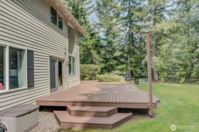 18915 SE 284th Ct, Kent, WA 98042 - wooden terrace featuring a lawn and view of wooded area