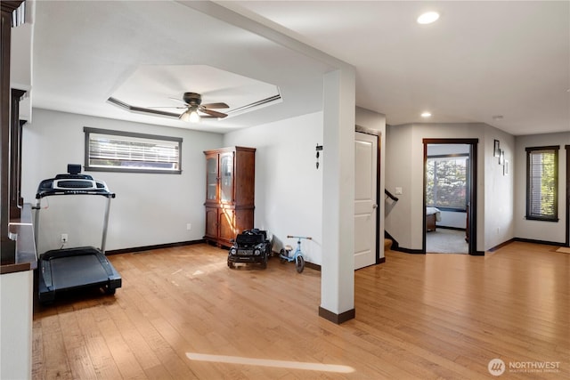 1875 Mckinley St, Ferndale, WA 98248 - exercise room featuring baseboards, recessed lighting, a ceiling fan, and light wood-style flooring