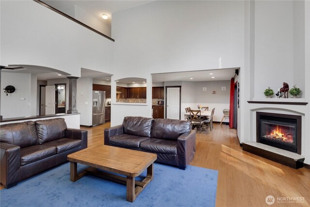 1875 Mckinley St, Ferndale, WA 98248 - living room featuring a high ceiling, light wood finished floors, arched walkways, and a glass covered fireplace