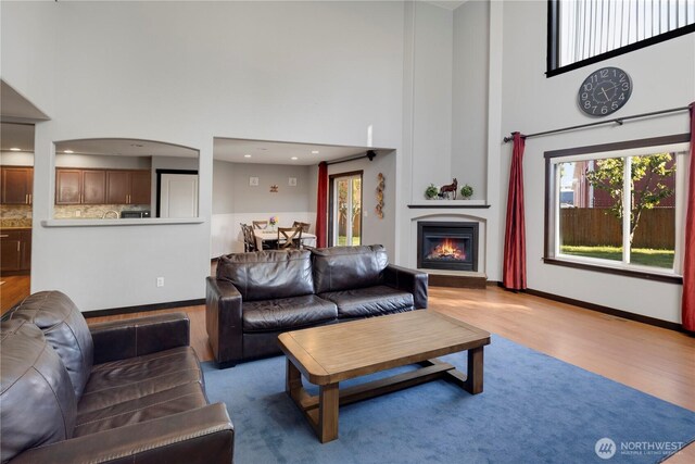 1875 Mckinley St, Ferndale, WA 98248 - living room with a high ceiling, a large fireplace, wood finished floors, baseboards, and recessed lighting