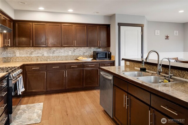 1875 Mckinley St, Ferndale, WA 98248 - kitchen with a sink, appliances with stainless steel finishes, light wood finished floors, range hood, and backsplash