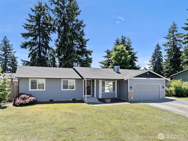 8908 216th Street Ct E, Graham, WA 98338 - ranch-style home featuring an attached garage, concrete driveway, a chimney, crawl space, and a shingled roof