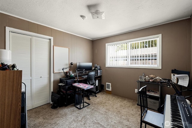 260 Baltimore St, Longview, WA 98632 - office area with carpet floors, ornamental molding, a textured ceiling, and wooden walls