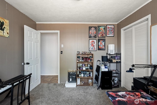 260 Baltimore St, Longview, WA 98632 - carpeted home office featuring wooden walls and a textured ceiling