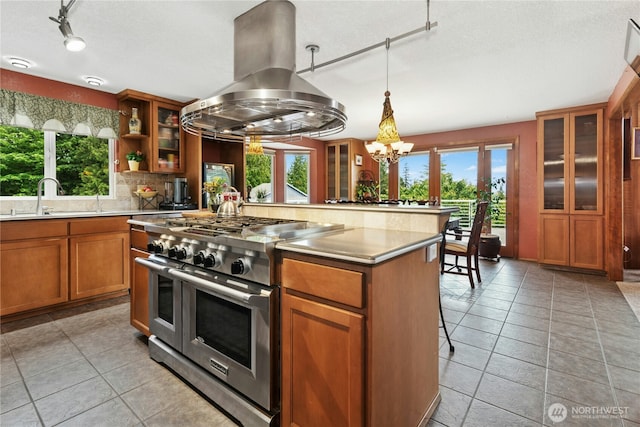 13911 Meridian Ave N, Marysville, WA 98271 - kitchen featuring double oven range, island exhaust hood, brown cabinets, a sink, and track lighting