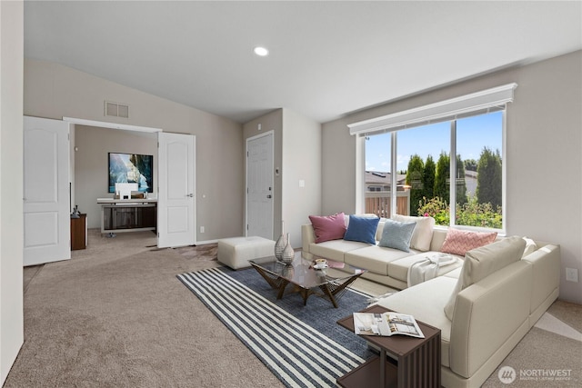 3516 Meadowbrook Ln SE, Lacey, WA 98503 - living room with light carpet, vaulted ceiling, and recessed lighting