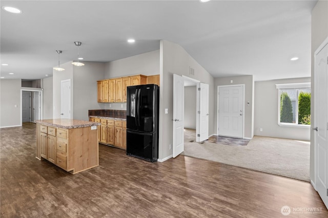3516 Meadowbrook Ln SE, Lacey, WA 98503 - kitchen with freestanding refrigerator, light brown cabinetry, open floor plan, baseboards, and dark wood-style floors