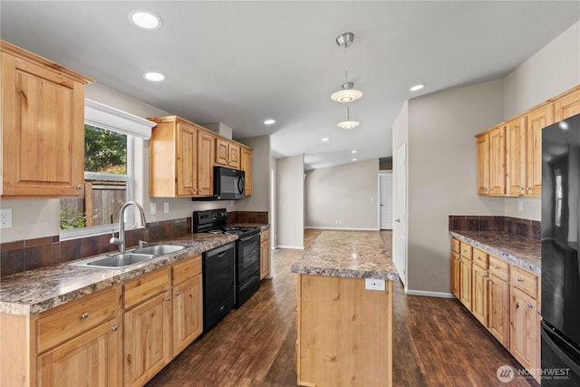 3516 Meadowbrook Ln SE, Lacey, WA 98503 - kitchen with a sink, black appliances, a center island, light brown cabinetry, and recessed lighting