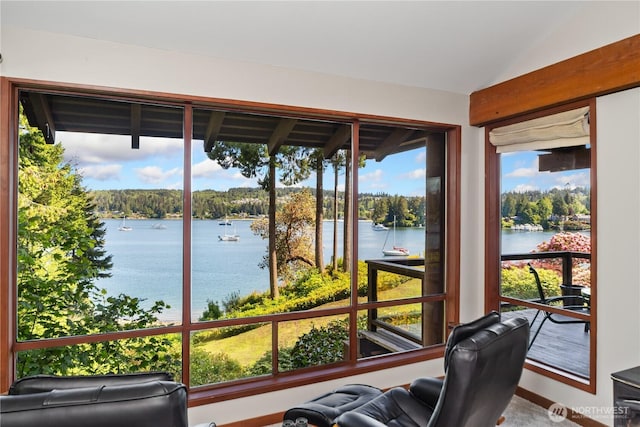 41 N Bay Ln Unit 1, Port Ludlow, WA 98365 - sunroom / solarium featuring a water view and vaulted ceiling