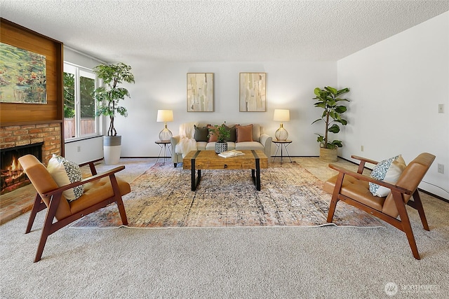 14210 NE 63rd Ct, Redmond, WA 98052 - carpeted living area featuring a brick fireplace and a textured ceiling