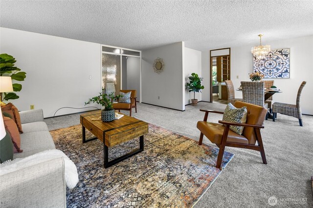 14210 NE 63rd Ct, Redmond, WA 98052 - carpeted living room featuring a chandelier and a textured ceiling
